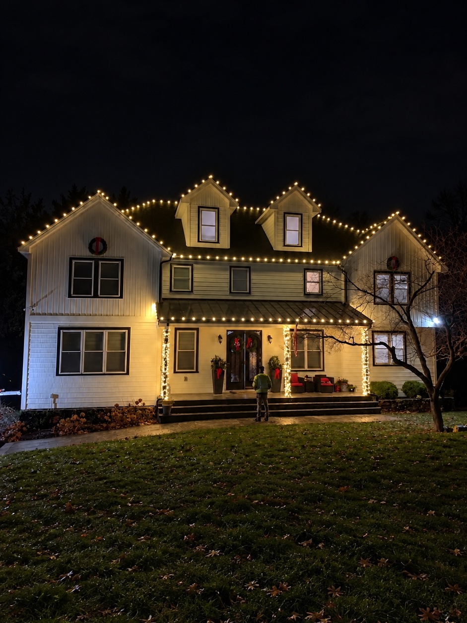 White colonial house with warm white lights along every gutter line, both side peaks, and the dormers, plus the porch roofline and wrapped porch columns