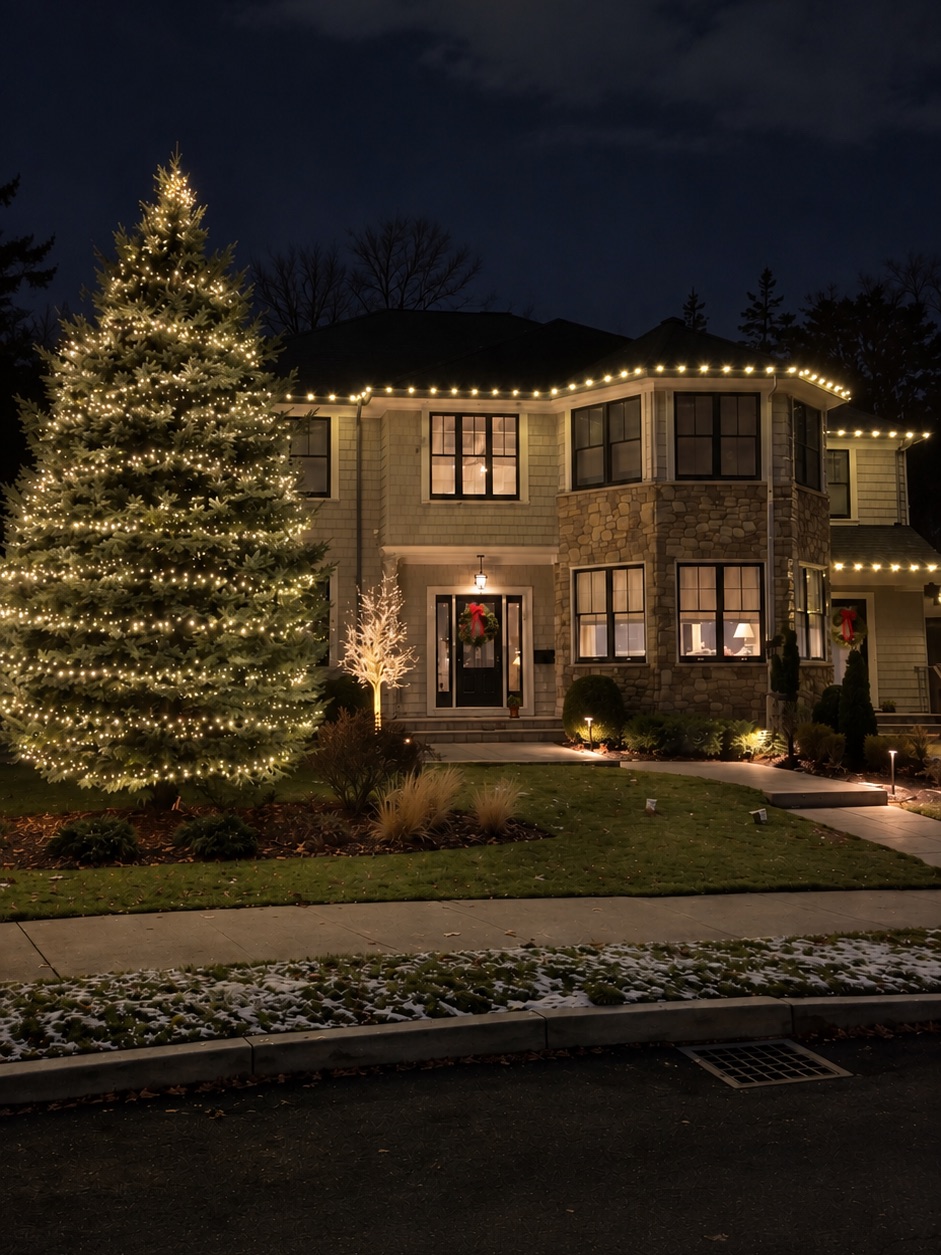 Two-story stone and shingle house with warm white lights along the roofline and a huge evergreen tree in the front yard wrapped top to bottom in warm white lights